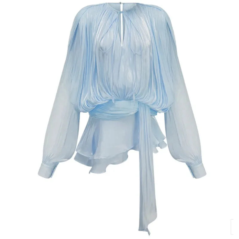 Elegant Solid Pleated Blouse Mini Dresses Women V Neck Lace Up Long Lantern Sleeve Dress 2025 Street Beach Vocation Short Robes