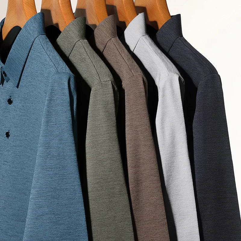 تي شيرت رجالي بأكمام طويلة مناسب للربيع والخريف، بتصميم رقيق، مناسب للأب في منتصف العمر، مع بلوزة بياقة وقميص بولو أساسي