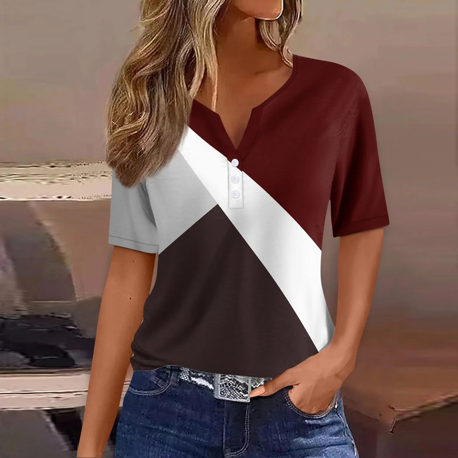 تيشيرت نسائي صيفي جديد بياقة على شكل حرف V، فضفاض، كاجوال، مخطط، مطبوع، ملابس نسائية، ملابس الشارع، تيشيرتات نسائية سهلة الارتداء