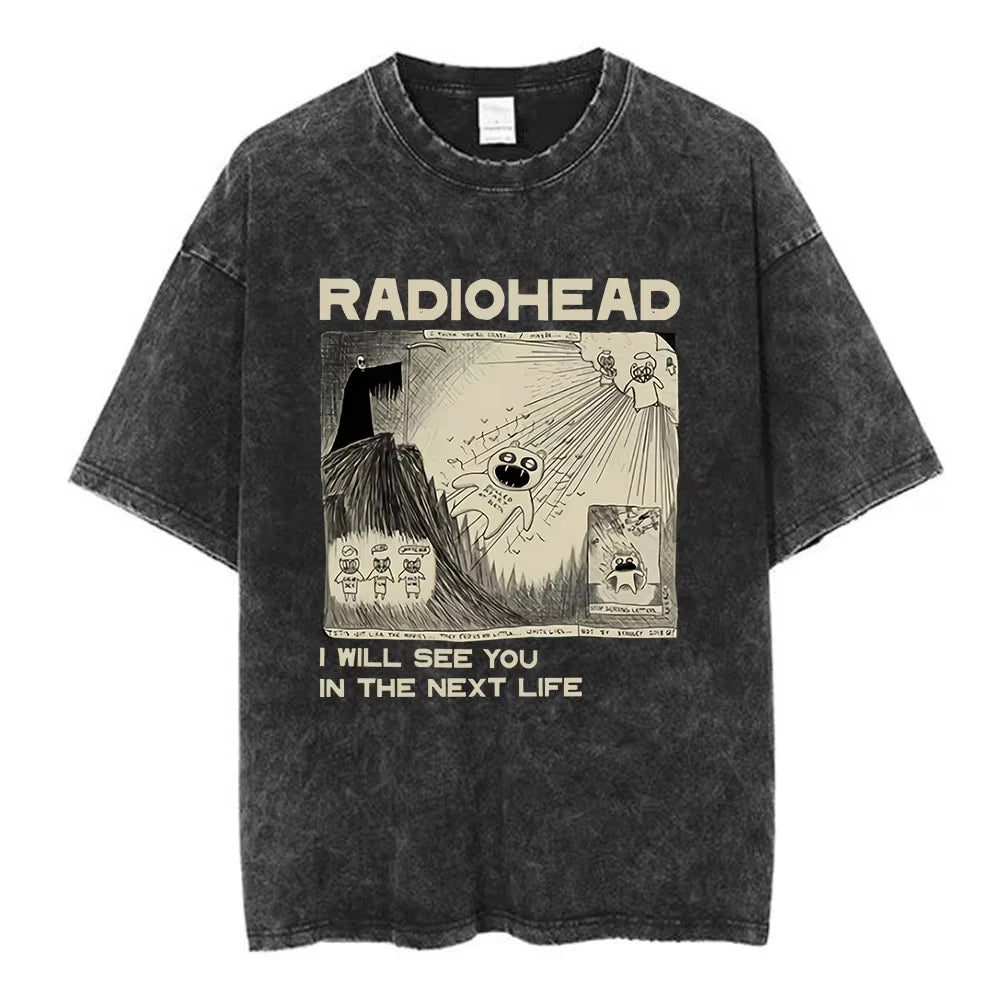 تي شيرت Radiohead Rock Band OK Computer Vintage Washed للرجال والنساء تي شيرتات هيب هوب عصرية 100% قطن تي شيرتات كاجوال ملابس الشارع