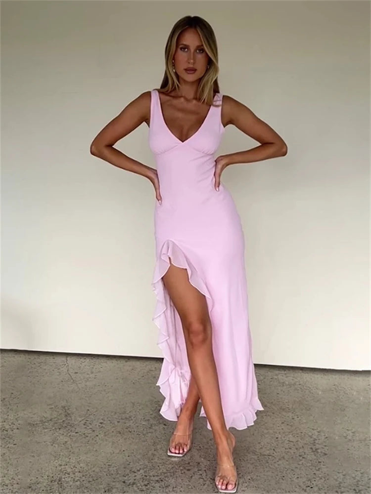 Ladies Summer Ruffle Evening Birthday Party Dress Women Sleeveless Backless Side Slit Long Dresses Clubwear Woman Clothes 2025