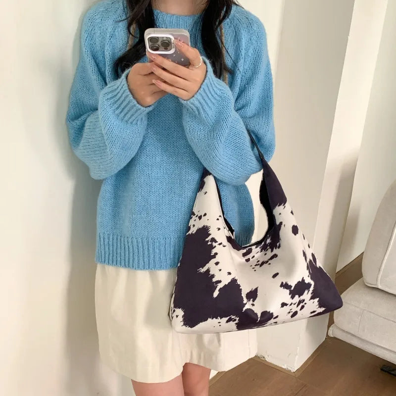 حقيبة كتف أنيقة بنقشة جلد البقر، سعة كبيرة، جودة عالية، حقيبة حمل يومية للنساء، حقيبة يد عالية الجودة من قوانغتشو