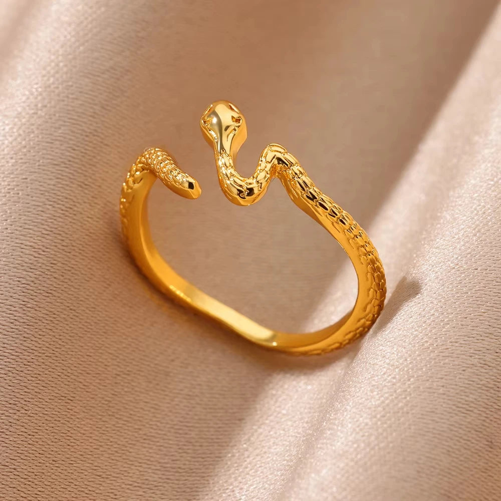 خواتم ثعبان من الفولاذ المقاوم للصدأ مطلي بالذهب عيار 316L للنساء والرجال، مفتوحة وقابلة للتعديل، بتصميم قوطي عتيق، مجوهرات جمالية.