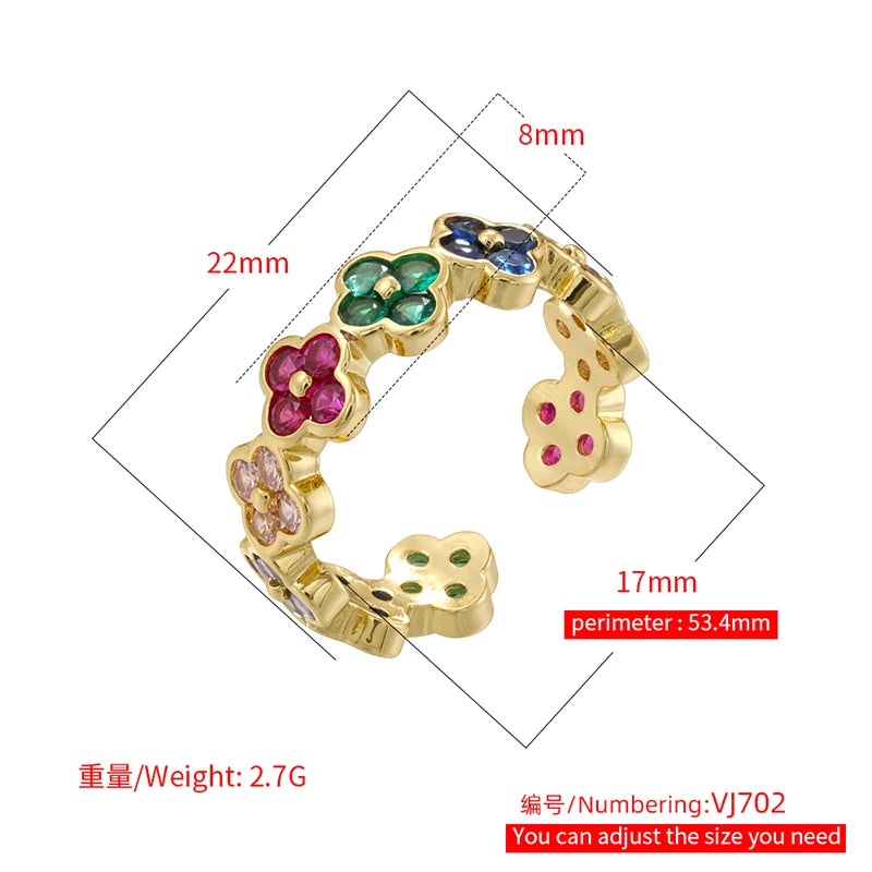 خاتم نسائي مفتوح الطرف قابل للتعديل من ZHUKOU، مصنوع من النحاس السميك عالي الجودة ومطلي بالذهب ومرصع بالزركونيا: VJ702