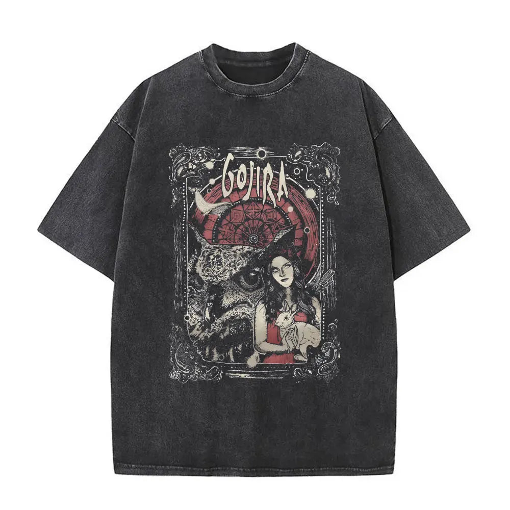 تي شيرت رجالي ونسائي بتصميم قوطي كبير الحجم مصنوع من القطن الخالص، مطبوع عليه شعار فرقة جوجيرا من المريخ إلى سيريوس، بطبعة معدنية عتيقة مغسولة