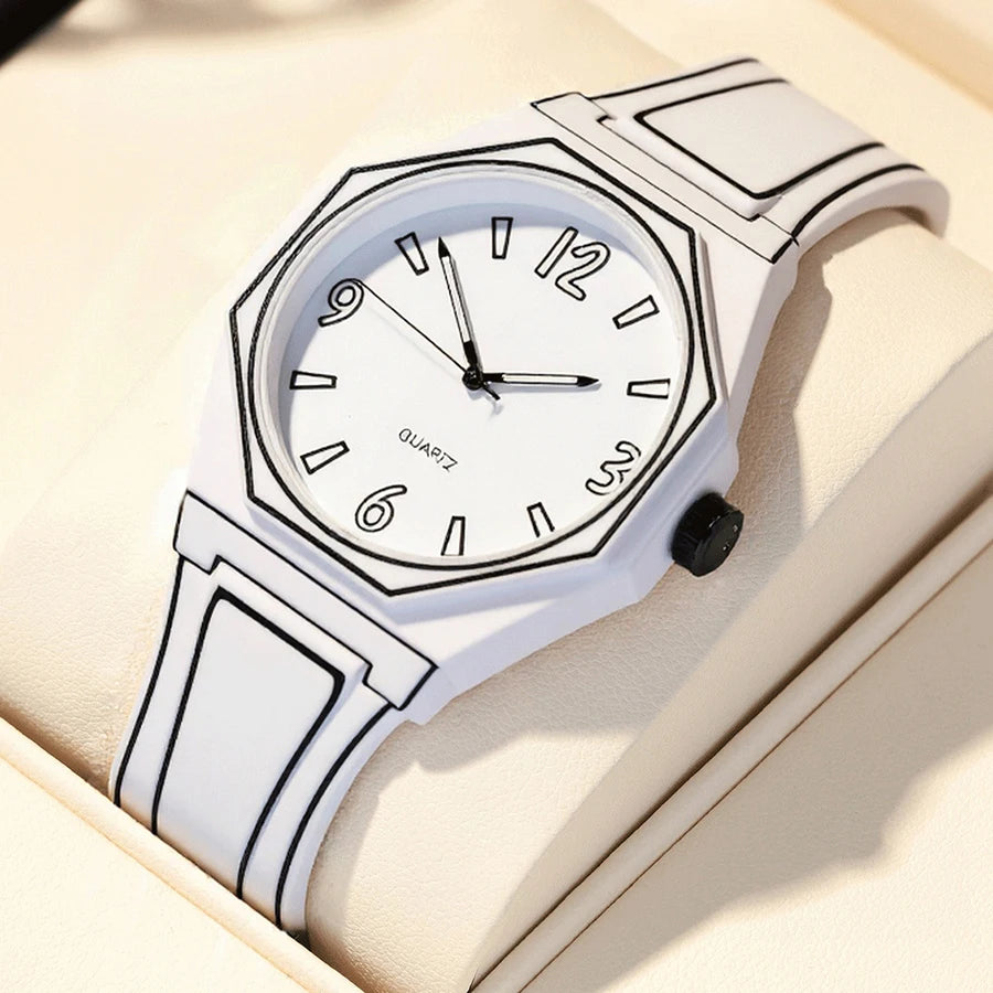 ساعة يد نسائية فاخرة كوارتز بسوار سيليكون ناعم، مقاومة للماء، بتصميم عصري بسيط مستوحى من القصص المصورة، باللونين الأسود والأبيض