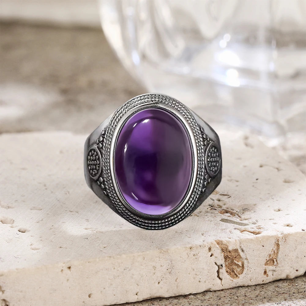 خواتم عتيقة من الفضة الإسترليني عيار 925 مرصعة بحجر الجمشت الطبيعي، بتصميم زهرة، مجوهرات فضية فاخرة بتصميم كلاسيكي، هدايا مثالية للحفلات للنساء والرجال