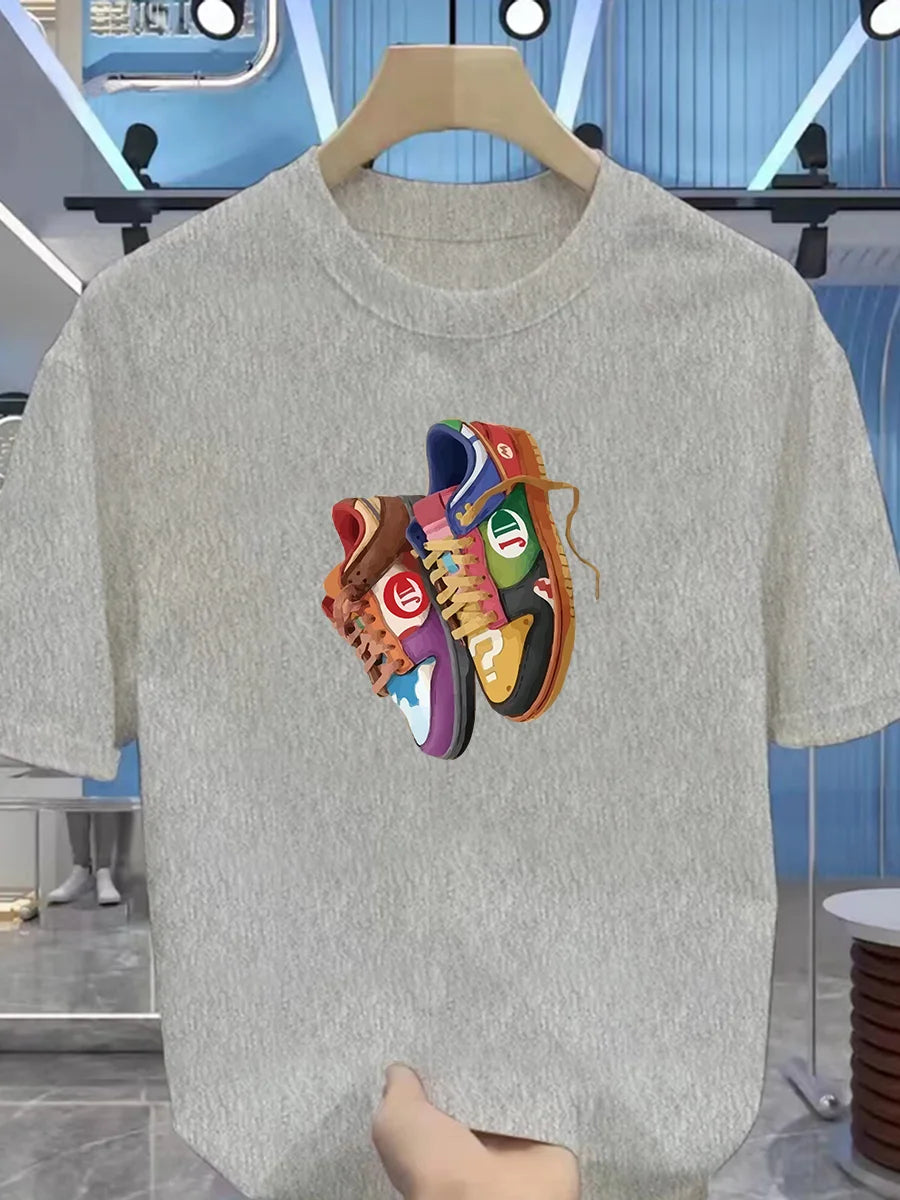 تي شيرت رجالي صيفي قطني - ماركة أزياء - نمط ملابس رياضية ضيقة - نمط عصري للمراهقين - حذاء مطبوع - بلوزة بأكمام قصيرة