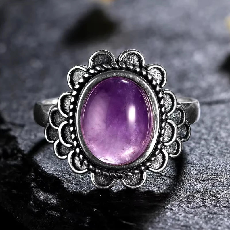 خواتم عتيقة من الفضة الإسترليني عيار 925 مرصعة بحجر الجمشت الطبيعي، بتصميم زهرة، مجوهرات فضية فاخرة بتصميم كلاسيكي، هدايا مثالية للحفلات للنساء والرجال