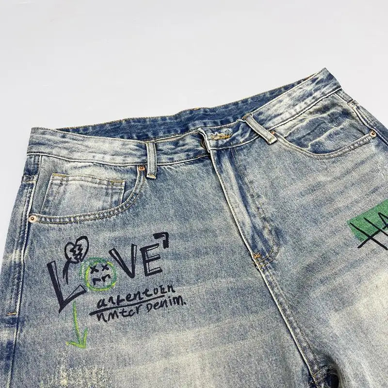American Retro Street Style Personalized Printed Straight Leg Jeans for Men Loose Fitting Washed High Street Hip-hop Pants