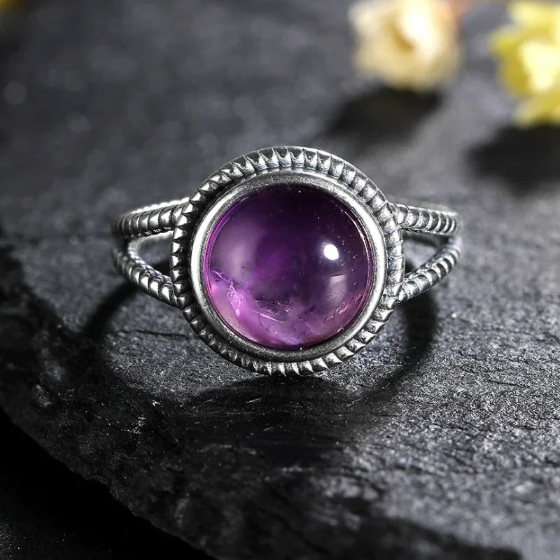 خواتم عتيقة من الفضة الإسترليني عيار 925 مرصعة بحجر الجمشت الطبيعي، بتصميم زهرة، مجوهرات فضية فاخرة بتصميم كلاسيكي، هدايا مثالية للحفلات للنساء والرجال