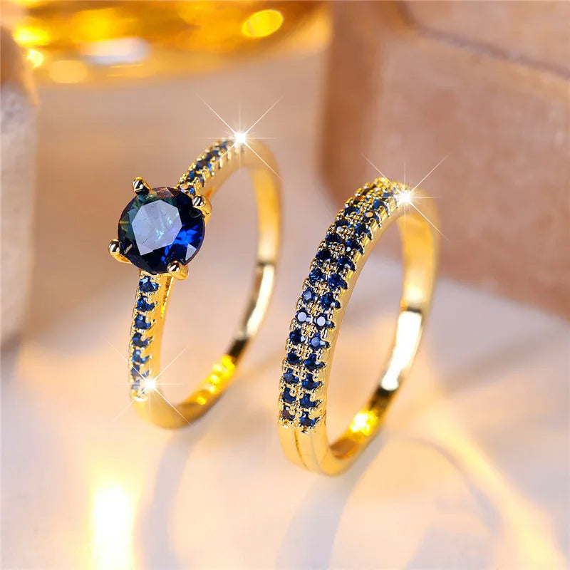 طقم خاتم خطوبة دائري مرصع بحجر الزركون الوردي الأحمر الكريستالي، مصنوع من الذهب الأصفر الفاخر، مجوهرات زفاف للنساء