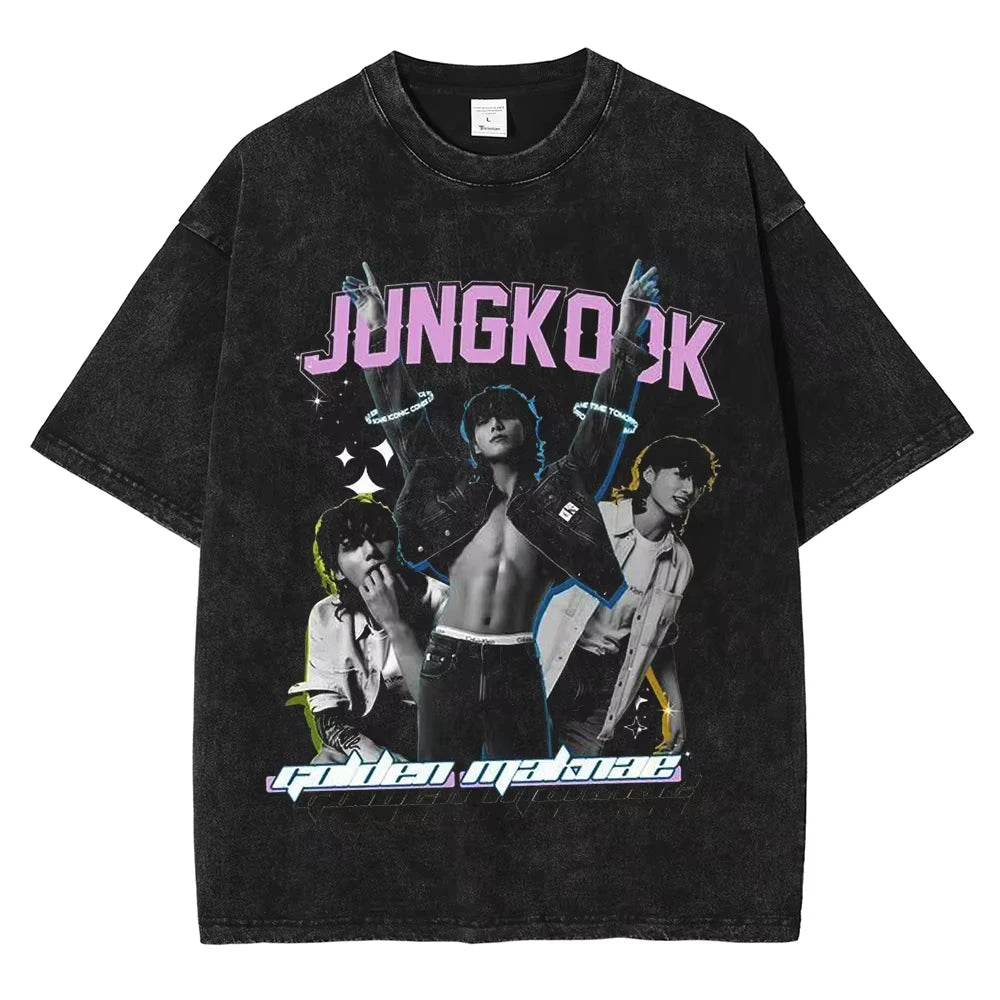 تي شيرت رجالي ونسائي بأكمام قصيرة بتصميم قوطي من Streetwear Golden Moments Jungkooks Hip Hop Washed Vintage T-Shirt مقاس كبير بأكمام قصيرة من القطن للجنسين