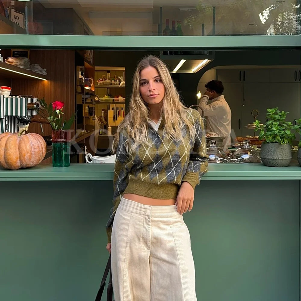 KONDALA 2025 Fall Winter Argyle Streetwear Knitted Women POLO Shirts Fashion Vintage Pullover Turndown Collar Ladies POLO Shirts