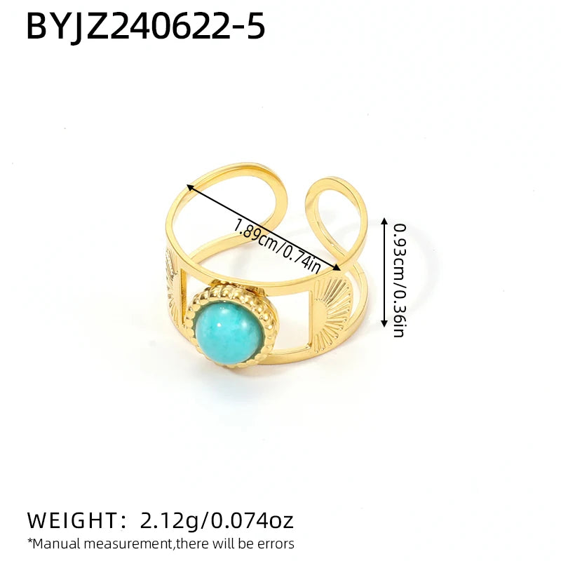 خاتم أنيق من الفولاذ المقاوم للصدأ مرصع بحجر الفيروز الأخضر الطبيعي والمالاكيت، قطعة مجوهرات صيفية كبيرة بتصميم بوهيمي للنساء