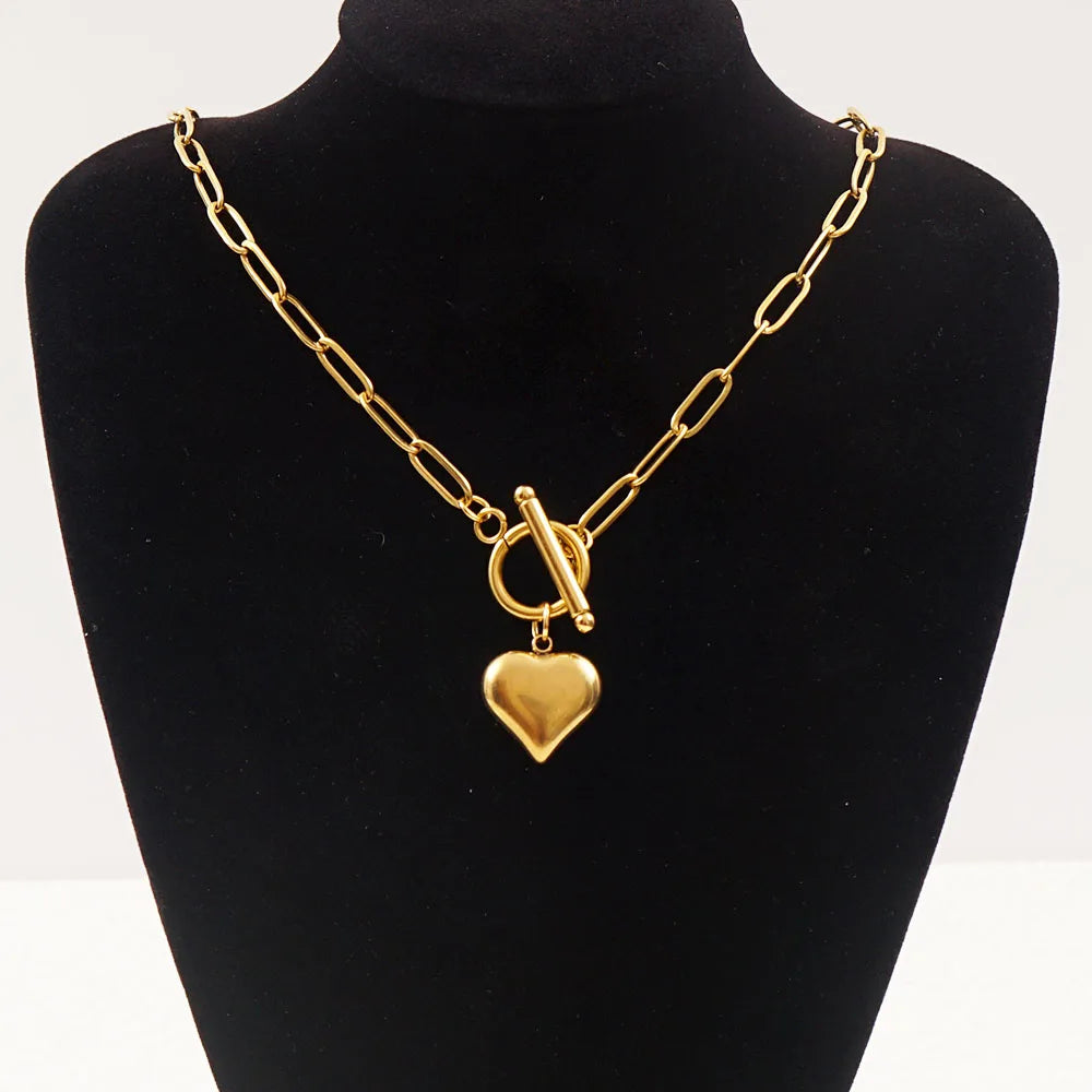 Stainless Steel Hear necklaces For Women Gold/Silver Color Metal Toggle Clasp Choker Collier Femme Valentine's Day Gift
