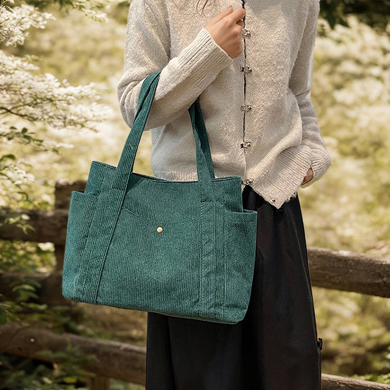 حقيبة نسائية كلاسيكية من قماش الكوردروي، ذات سعة كبيرة وجيوب متعددة، حقيبة كتف، حقيبة يد نسائية بسيطة وأنيقة للتسوق