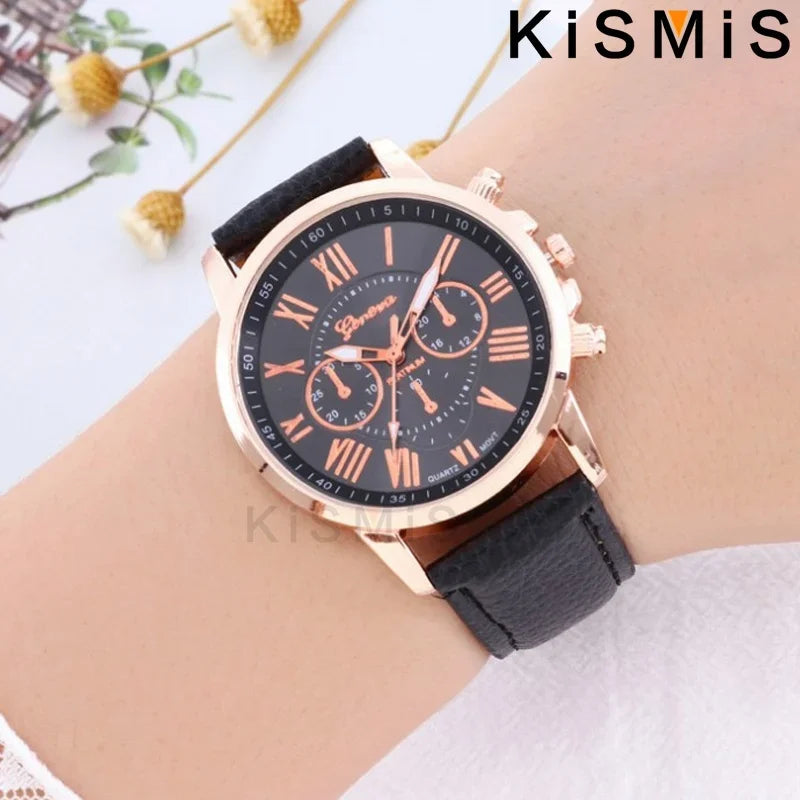 ساعة جنيف كوارتز أنيقة بأرقام رومانية، ثلاث عيون وستة دبابيس، ساعة يد كاجوال للنساء والرجال والأزواج، ساعة أنيقة للمناسبات الرسمية