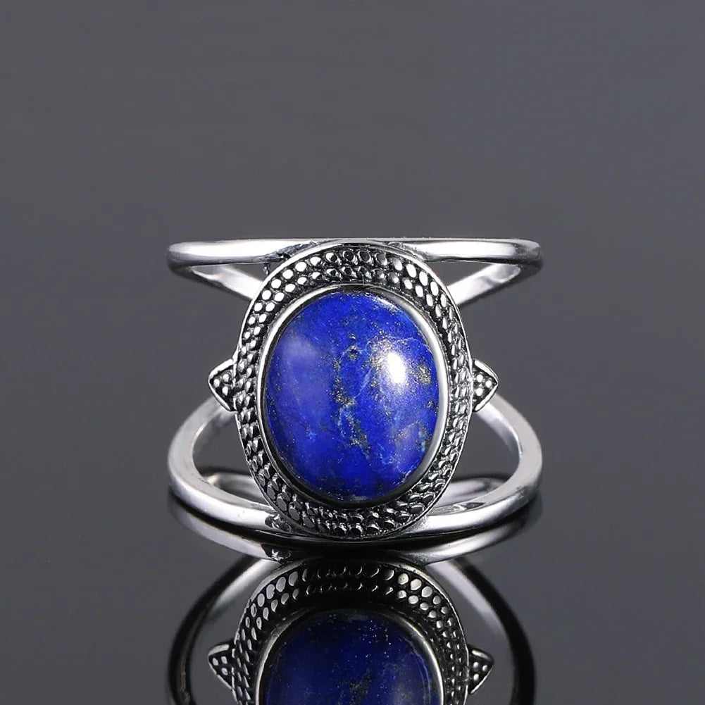 خاتم فضة عيار 925 مرصع بحجر اللازورد الطبيعي الكبير بيضاوي الشكل، مناسب للنساء والرجال، هدية مميزة، خاتم عتيق كبير الحجم، مجوهرات فاخرة بالجملة