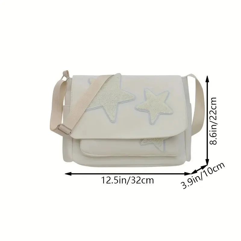 حقيبة كتف لطيفة مطبوعة بنجوم أكاديمية، حقيبة كبيرة بسعة كبيرة للطلاب، حقيبة كروس بودي كاجوال للتنقل، عبوة من قطعة واحدة