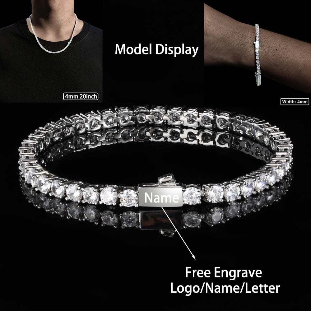قلادة من مادة النحاس والزركون اللامع بطول 3 مم و4 مم و5 مم، سلسلة تنس من صف واحد، للرجال والنساء، مجوهرات مثلجة، نقش مجاني للاسم