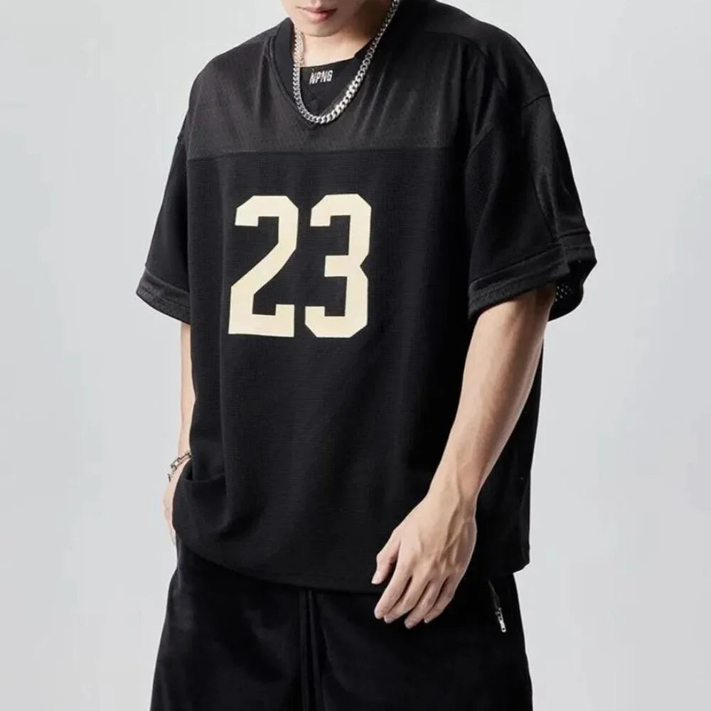 تي شيرت رجالي رياضي أمريكي مطبوع عليه أرقام، جيرسيه بخياطة شبكية، فضفاض بأكمام قصيرة، ملابس رجالية كاجوال قابلة للتنفس