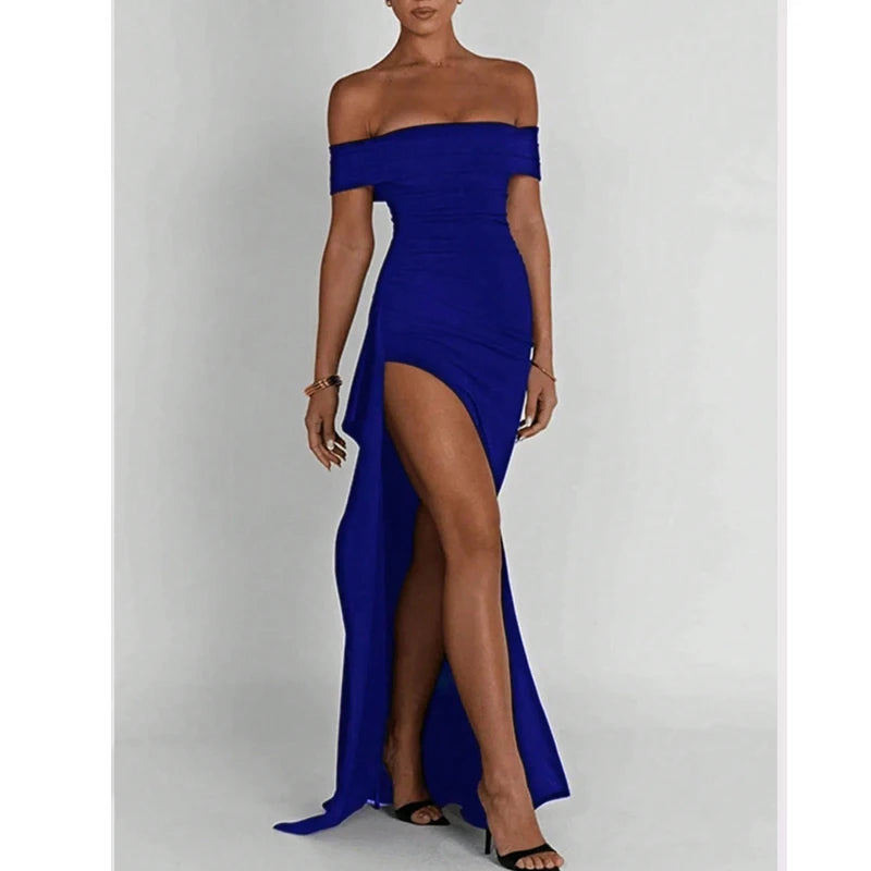 Women Backless Slash Neck Party Dress Sleeveless Split Dress Elegant Black Long Dresses New Fashion Summer 5963