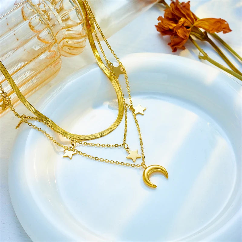DIEYURO 316L Stainless Steel Moon Stars Pendant Necklace For Women New Gold Color 3in1 Neck Chains Vintage Jewelry Birthday Gift