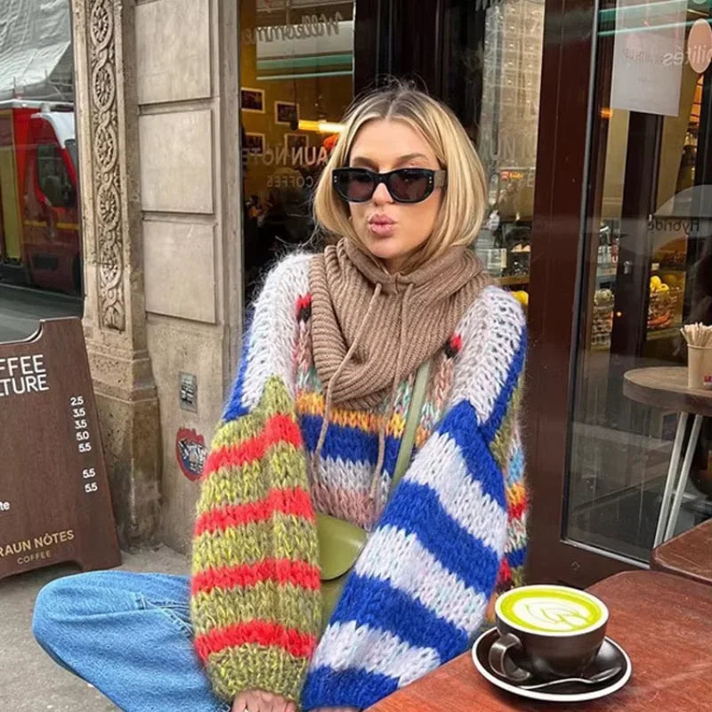 سترة نسائية كبيرة الحجم محبوكة برقبة دائرية وأكمام طويلة ومعطف نسائي فضفاض ودافئ غير رسمي 2024 ملابس خارجية جديدة للسيدات لخريف 2024
