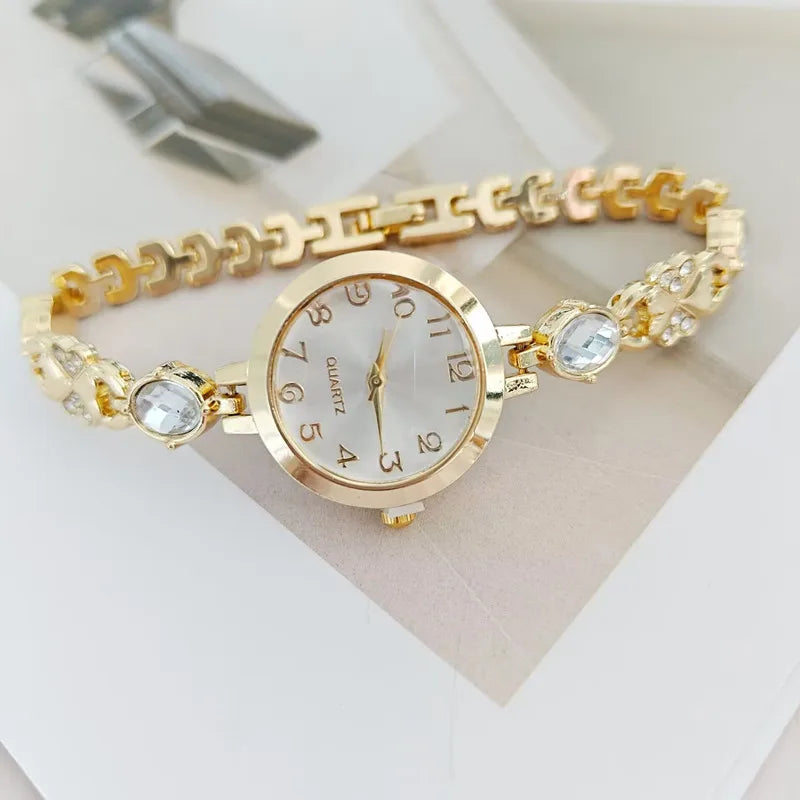 ساعة نسائية أنيقة مرصعة بالماس من اليشم الملون، ساعة كوارتز دائرية للنساء