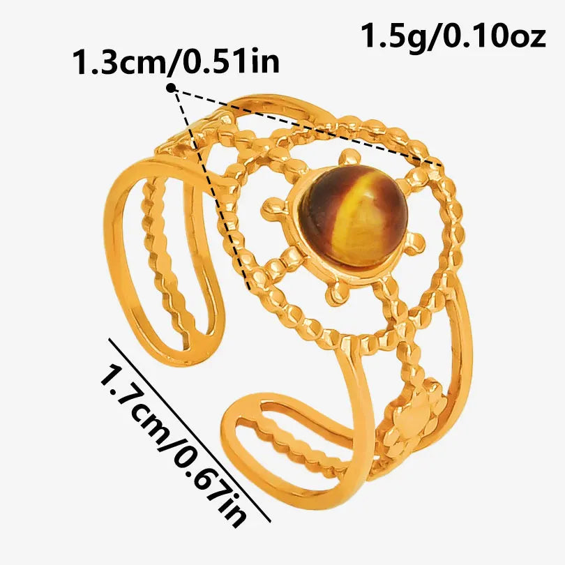 خاتم من حجر عين النمر الحقيقي على شكل قلب الشمس من الفولاذ المقاوم للصدأ، خواتم مفتوحة للنساء والرجال، إكسسوارات مجوهرات عتيقة مطلية بالذهب الحقيقي