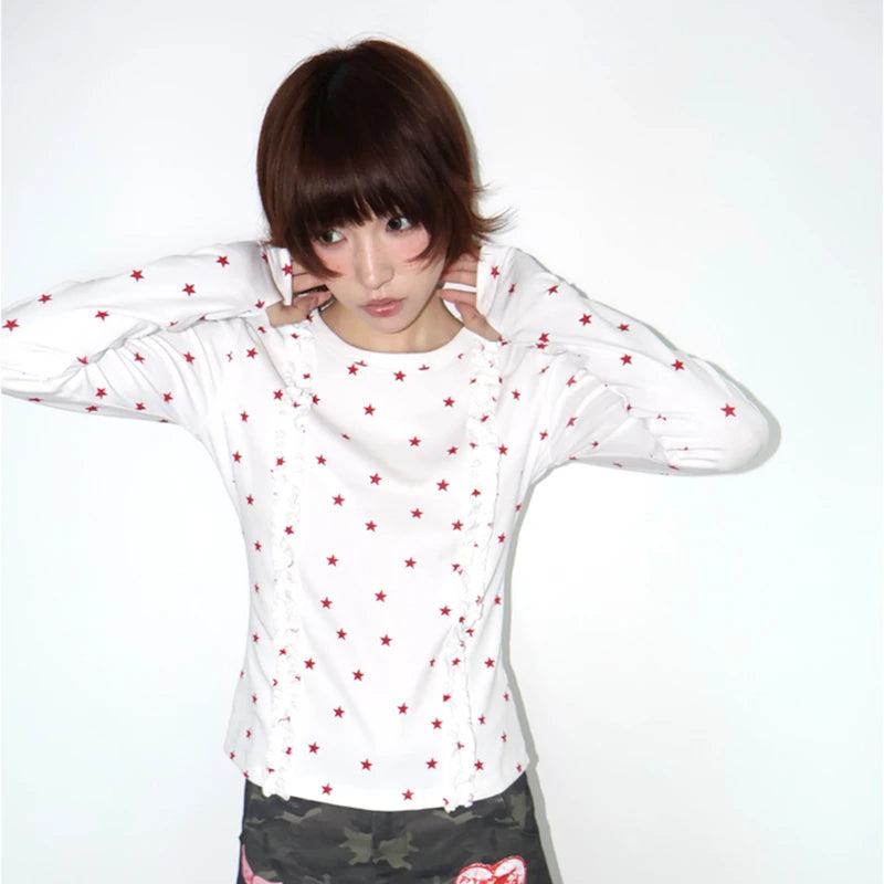 تي شيرت نسائي Genayooa Y2k Aesthetic بأكمام طويلة مطبوع عليه نجوم ورسومات جرافيكية، تي شيرت قطني ياباني من العقد الأول من القرن الحادي والعشرين، تي شيرتات عالية الجودة