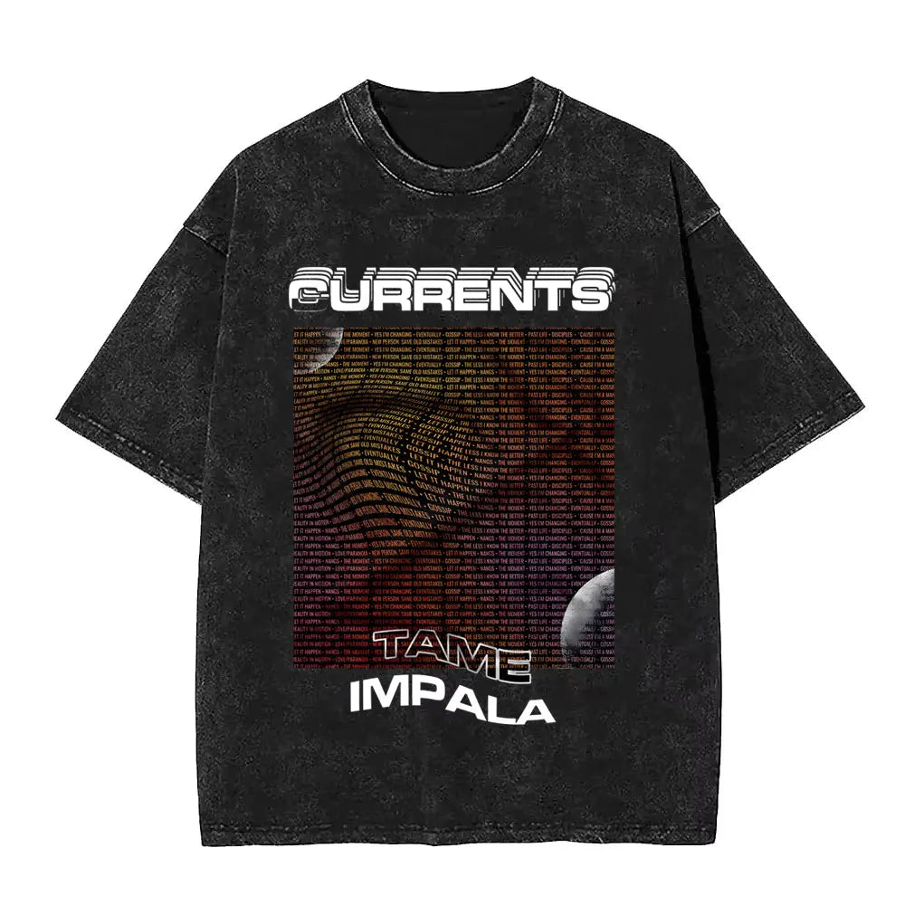 تي شيرت رجالي كاجوال فضفاض بأكمام قصيرة من القطن مطبوع عليه عبارة VintageWashed Pop Rock Band Tames Impala Current Graphic Print