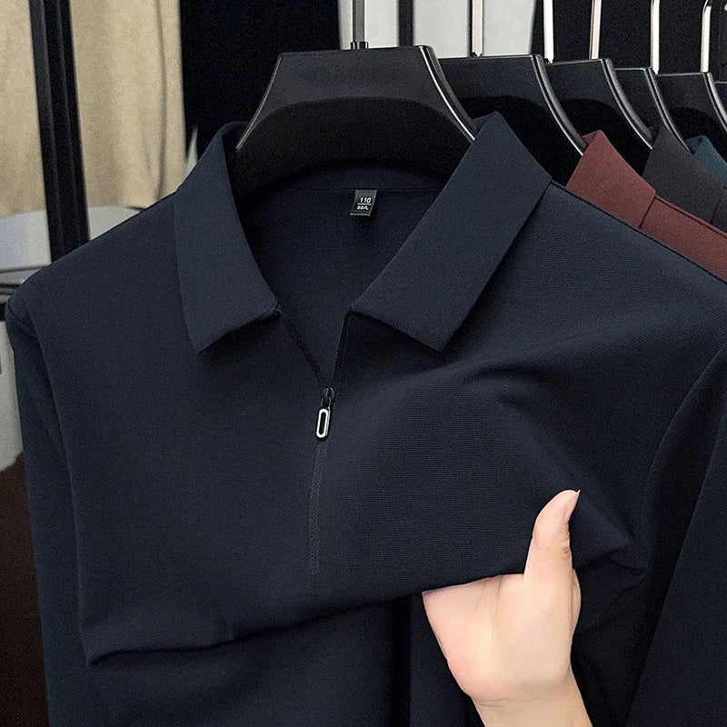 قميص بولو رجالي بأكمام طويلة وسحاب نصفي وياقة دائرية وقميص بولو فضفاض وغير رسمي خريف 2025 بلون نقي وقاعدة علوية