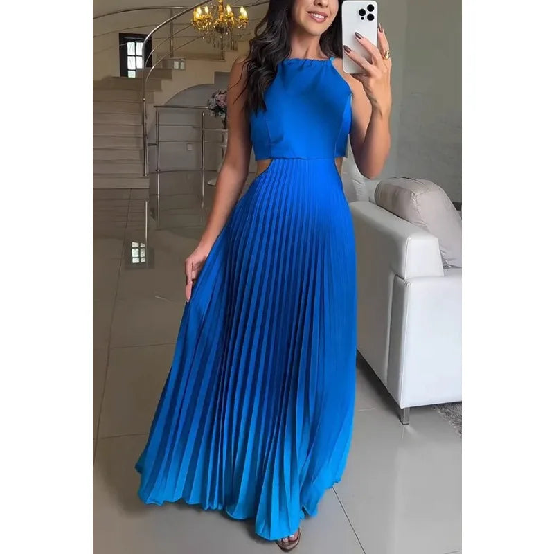 2025 Women Summer Party Dress Elegant Sleeveless Backless Halter Hollow Out Folds Long Dress Ceremoney Birthday Evening Dress