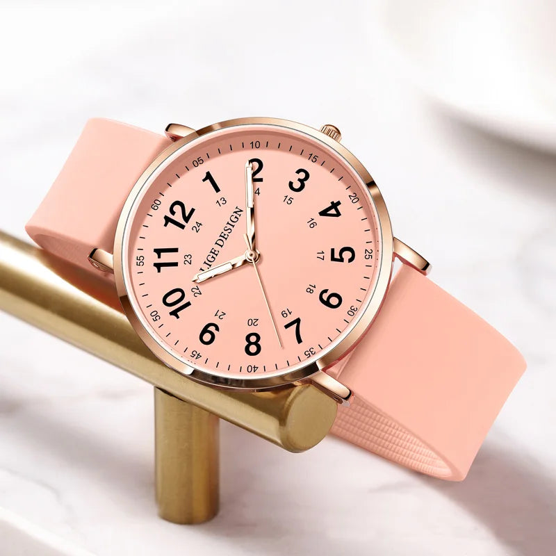 ساعة يد نسائية جديدة من LIGE، ساعة كوارتز فائقة النحافة، مقاومة للماء، مصنوعة من السيليكون المضيء، ساعة وردية اللون