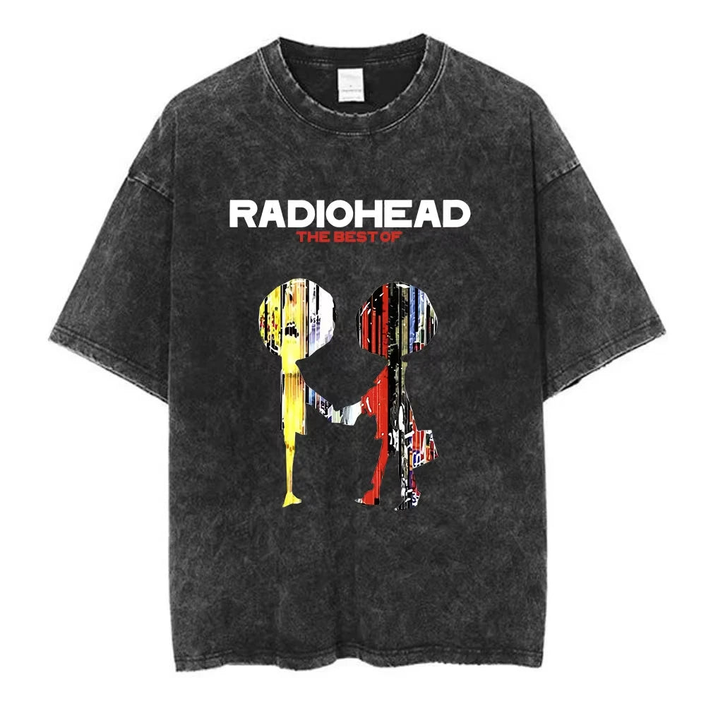 تي شيرت Radiohead Rock Band OK Computer Vintage Washed للرجال والنساء تي شيرتات هيب هوب عصرية 100% قطن تي شيرتات كاجوال ملابس الشارع
