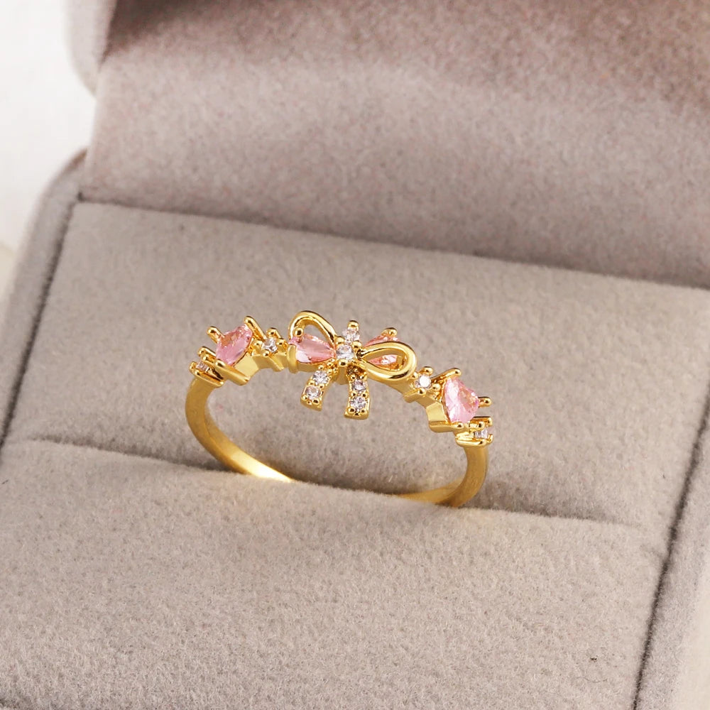 خواتم زهور مرصعة بالزركون المكعب بألوان زاهية ومتألقة للنساء، خاتم فاخر مزين بفيونكة من الزركون الوردي، مجوهرات زفاف للزوجة والصديقة