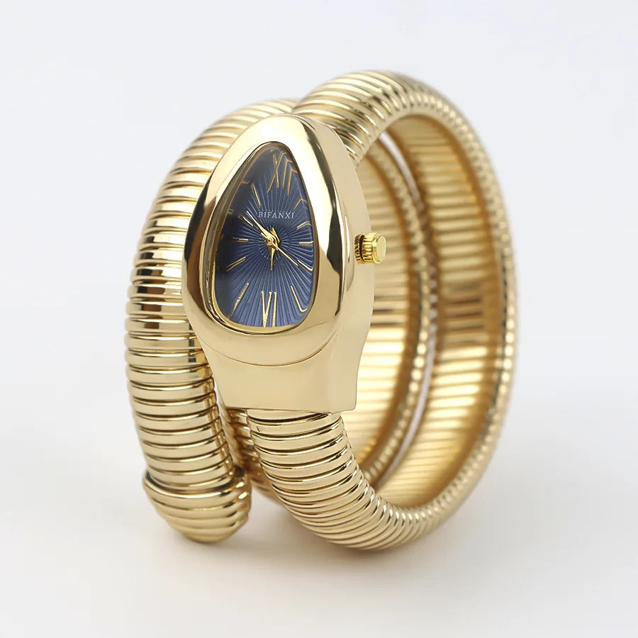 ساعات كوارتز فريدة من نوعها للنساء من الذهب الثعباني رائجة البيع ساعة بسيطة كلاسيكية الطراز للنساء ساعة فاخرة لامعة للسيدات ساعة Relogio