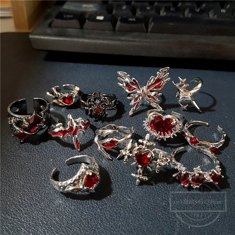 خواتم جمالية غير منتظمة الشكل على شكل قلب من الكريستال الأحمر للنساء، خاتم بتصميم حيواني قوطي مستوحى من موضة الألفية الجديدة، خاتم عنكبوت، إكسسوارات مجوهرات إبداعية بنمط جرانج