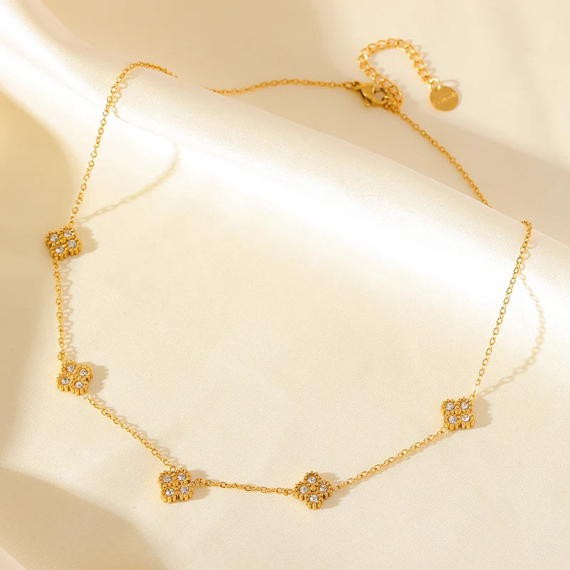 GANEMLY 316L Stainless Steel Clover Flower Zircon Necklace For Women 2025 Fashion Clavicle Neck Chain Waterproof Jewelry Gift