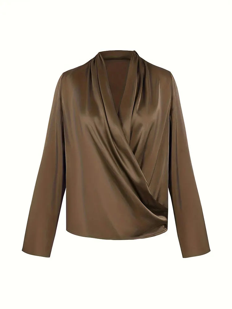 قميص خريفي جديد للتنقل بأكمام طويلة ورقبة على شكل حرف V، بلوزة من الساتان المطوي، ملابس أنيقة تناسب جميع الأذواق، بلوزة بلون القهوة
