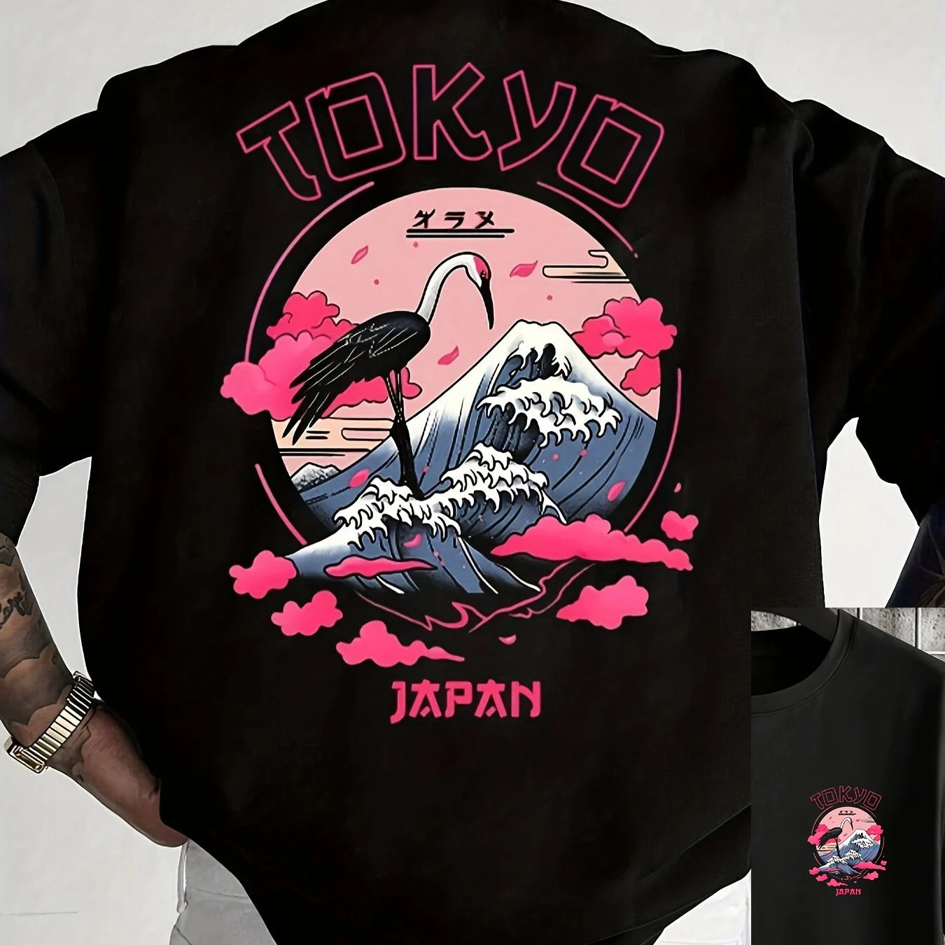 تيشيرت رجالي صيفي مصنوع من القطن الخالص بنسبة 100%، بنقشة طوكيو العصرية، فضفاض، بياقة دائرية وأكمام قصيرة.