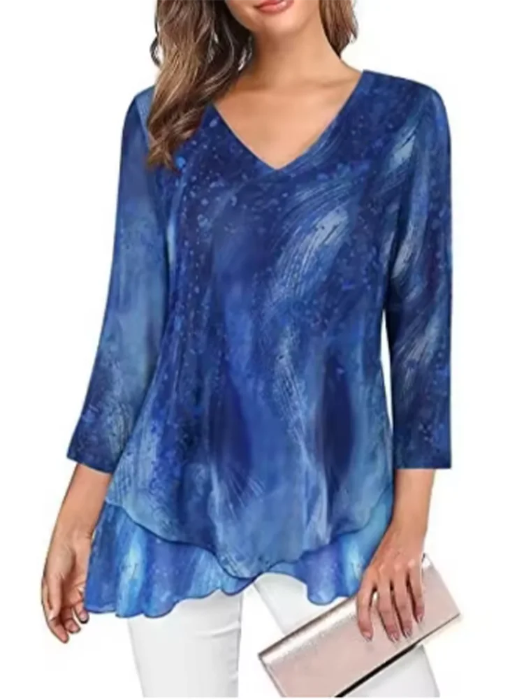 تيشيرت نسائي كاجوال بأكمام طويلة مطبوعة وياقة على شكل حرف V، بتصميم أنيق ومتعدد الاستخدامات، مناسب للارتداء اليومي والتنقلات اليومية، قطعة علوية ربيعية