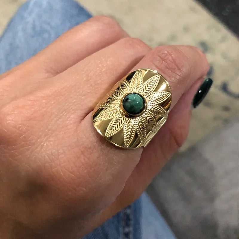 Boho Blue Natural Stone Ring For Women Men Gold Color Stainless Steel Ring Hollow Adjustable Opening Rings Jewelry Gift