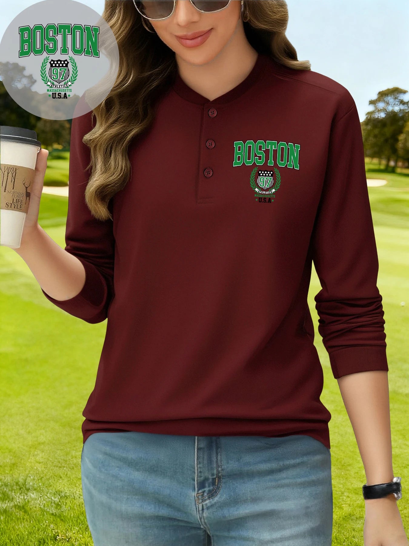 قميص هينلي مطبوع عليه شعار فريق بوسطن 97 للسيدات من يو إس إيه، برقبة هنري، ملابس الشارع العصرية من القطن بأكمام طويلة، تي شيرتات جولف أساسية لفصل الخريف من الهيب هوب