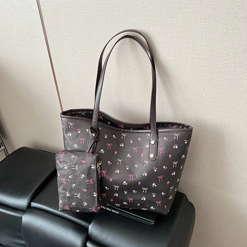 طقم من قطعتين من حقائب الكتف النسائية الأنيقة، مناسبة للتنقلات اليومية والتسوق، حقيبة حمل عملية، حقائب يد نسائية مزودة بمحافظ.