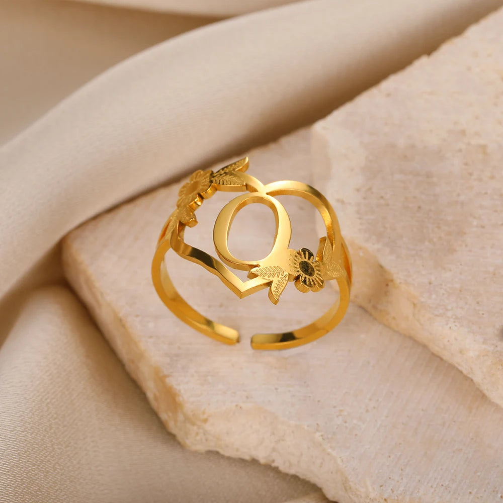 خاتم أحرف AZ، خواتم زوجية على شكل زهرة وقلب للنساء والرجال، خاتم رقيق على شكل حرف وورقة، مجوهرات من الفولاذ المقاوم للصدأ، خواتم أبجدية