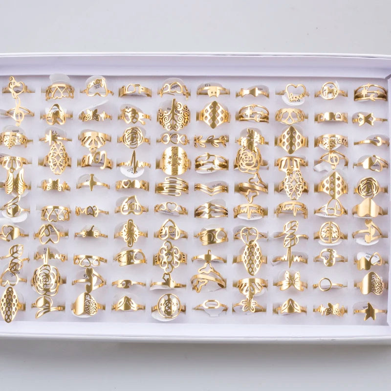 ١٠٠ قطعة من الخواتم المنقوشة المصنوعة من الفولاذ المقاوم للصدأ للرجال والنساء، مجوهرات أنيقة، هدية، خواتم على شكل زهرة مجوفة، بيع بالجملة