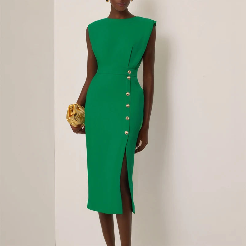 Women's Solid Sleeveless Slim Fit Midi Dress Women Summer Party Dress Lady Office Dress Elegant Button Split Up Evening Dresses